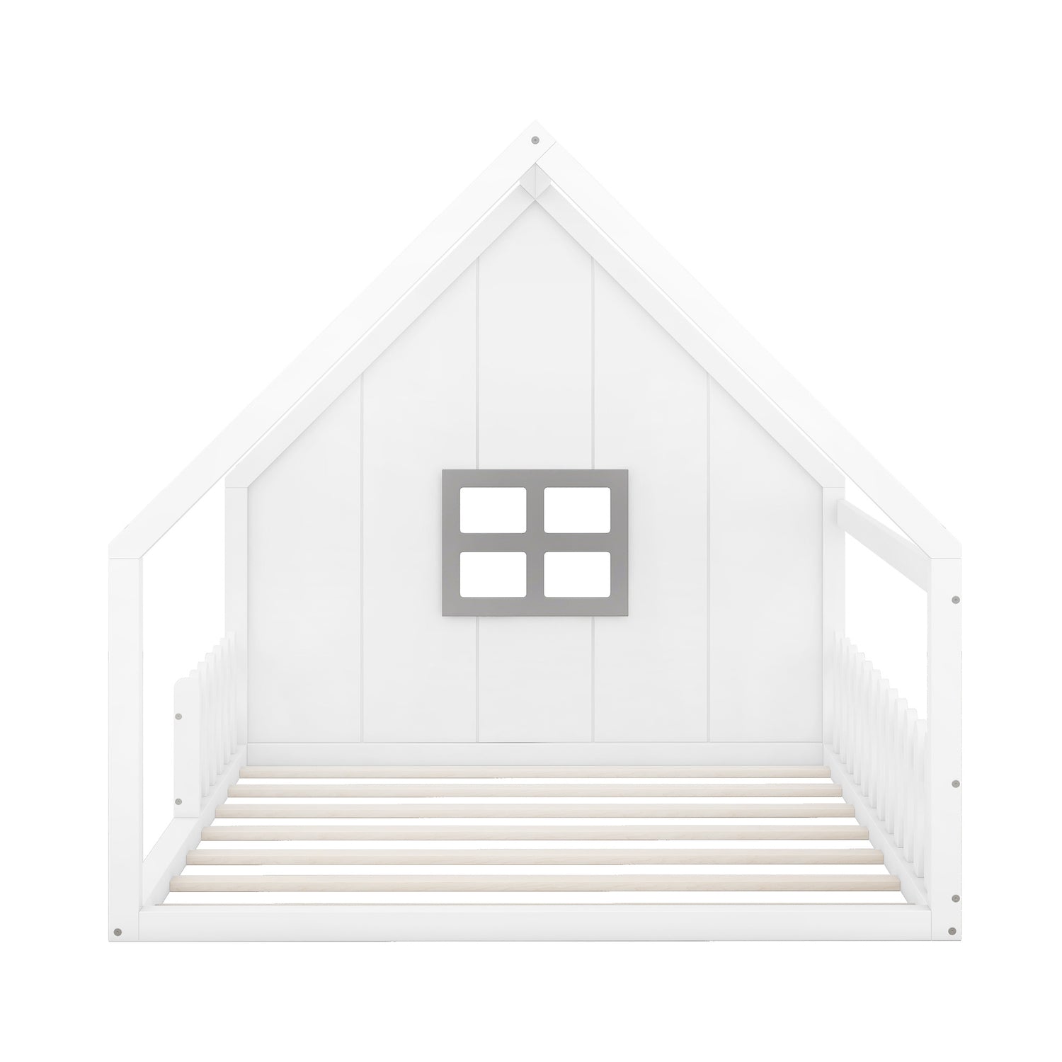 Full Size Wood House Bed with Window and Fence, White