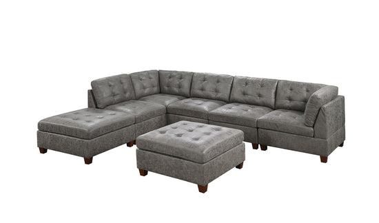 Living Room Furniture Antique 7pc Set Breathable Leatherette Tufted Couch 2x Corner Wedge 3x Armless Chairs and 2x Ottoman L-Shaped