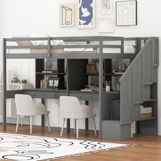 Twin Size Loft Bed Frame with Storage Staircase and Double Desks and Shelves,Gray